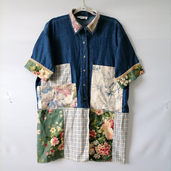 Par Excellence Womens Blue Patchwork Upcycled Tunic Dress Size 7P/XL - Picture 1 of 7